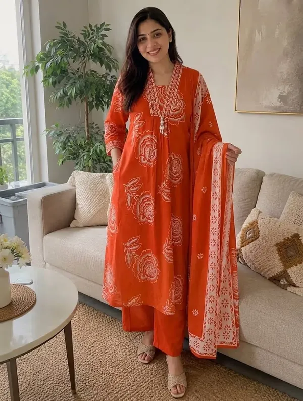 Vibrant_Orange_Floral_Printed_Pure_Cotton_Kurta_Set_With_Dupatta