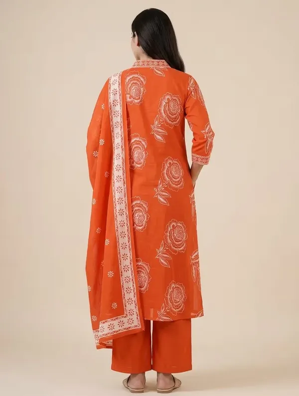 Vibrant_Orange_Floral_Printed_Pure_Cotton_Kurta_Set_With_Dupatta