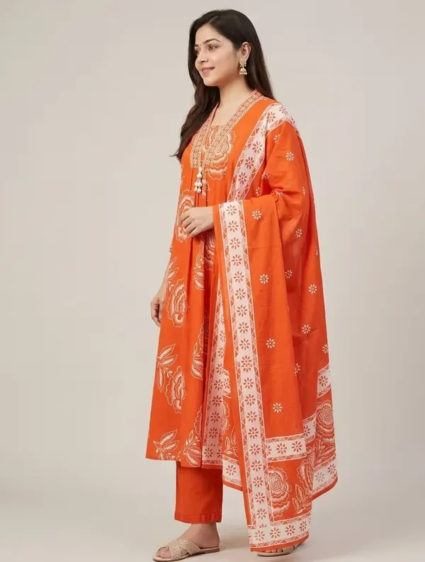 Vibrant_Orange_Floral_Printed_Pure_Cotton_Kurta_Set_With_Dupatta