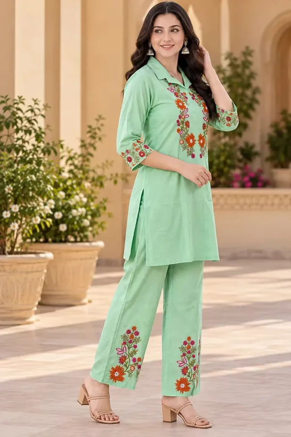 Mint_Green_Floral_Embroidered_Pure_Cotton_Co-Ord_Set