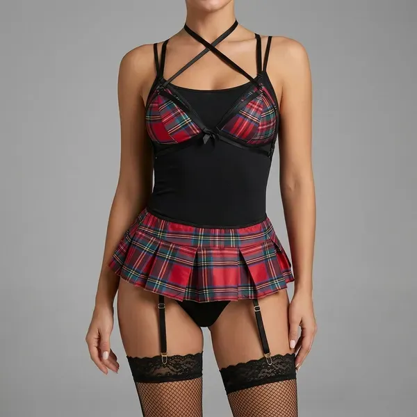 Red_And_Black_Plaid_Halter_Bra_Skirt_Set_With_Garter_For_Women