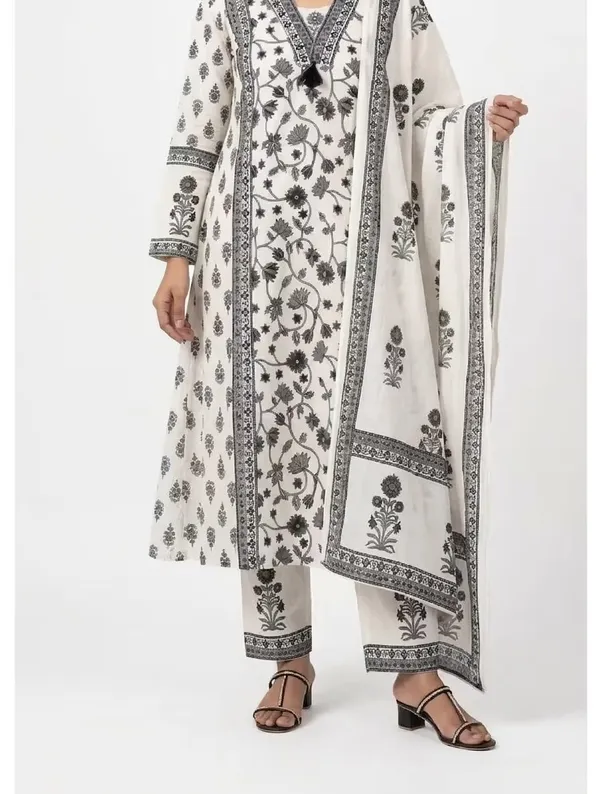 Off_White_Grey_Floral_Printed_Pure_Cotton_Kurta_Set_With_Dupatta