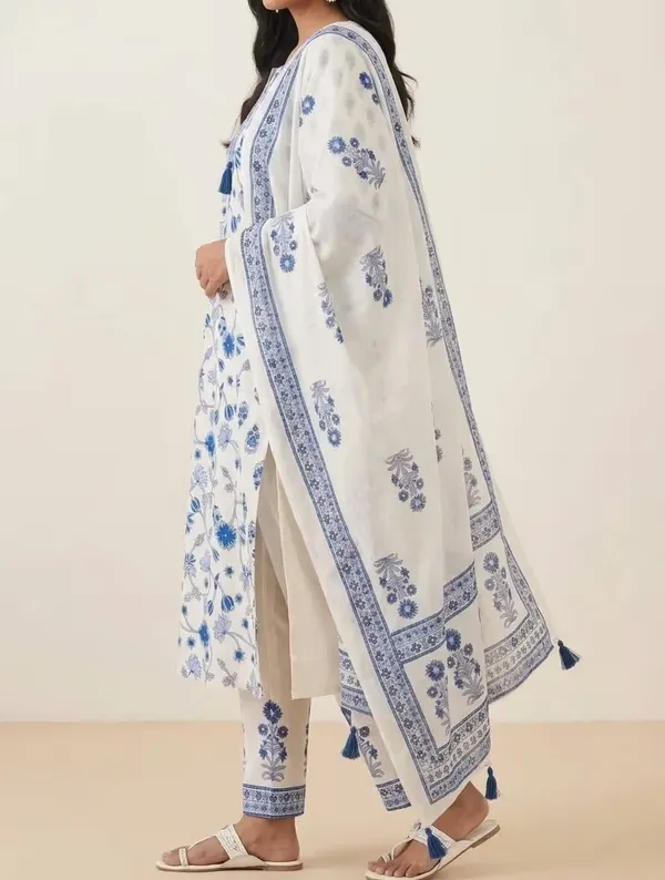 Off_White_And_Blue_Floral_Printed_Pure_Cotton_Kurta_Set_With_Dupatta