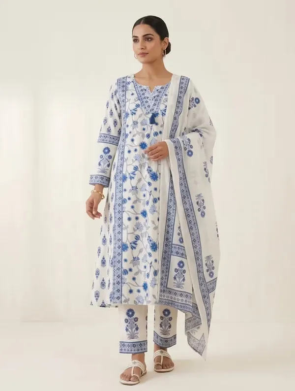 Off_White_And_Blue_Floral_Printed_Pure_Cotton_Kurta_Set_With_Dupatta