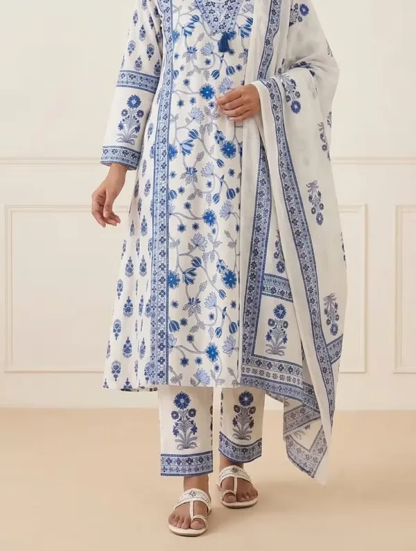 Off_White_And_Blue_Floral_Printed_Pure_Cotton_Kurta_Set_With_Dupatta