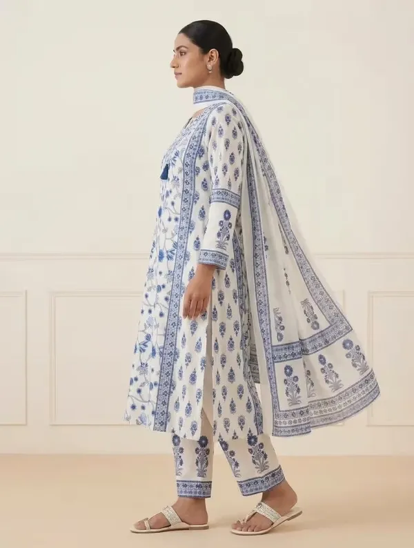Off_White_And_Blue_Floral_Printed_Pure_Cotton_Kurta_Set_With_Dupatta