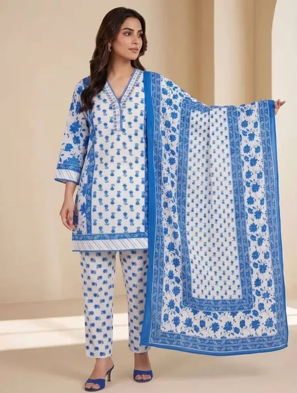 Blue_Floral_Printed_Pure_Cotton_Short_Kurta_Set_With_Dupatta