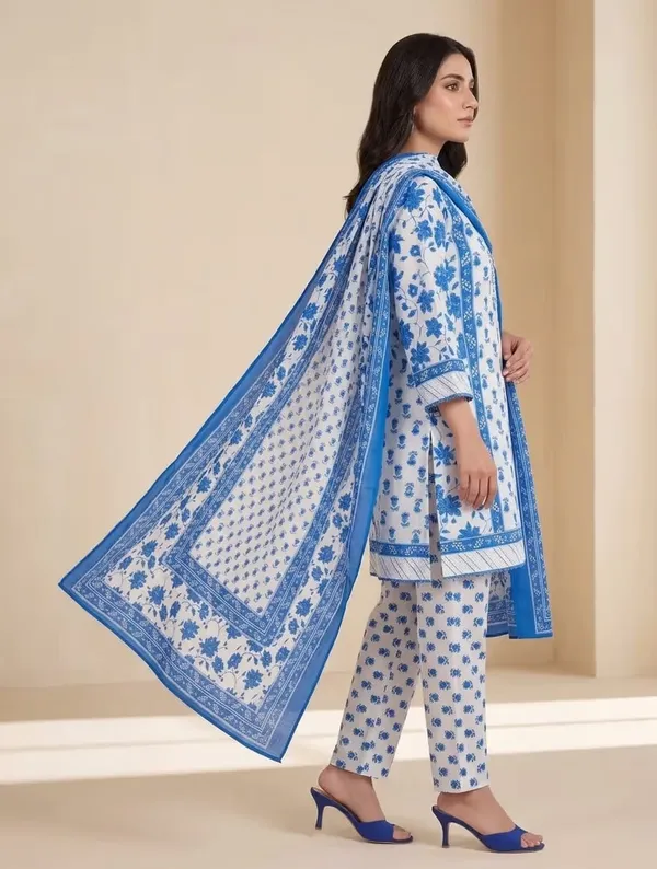Blue_Floral_Printed_Pure_Cotton_Short_Kurta_Set_With_Dupatta