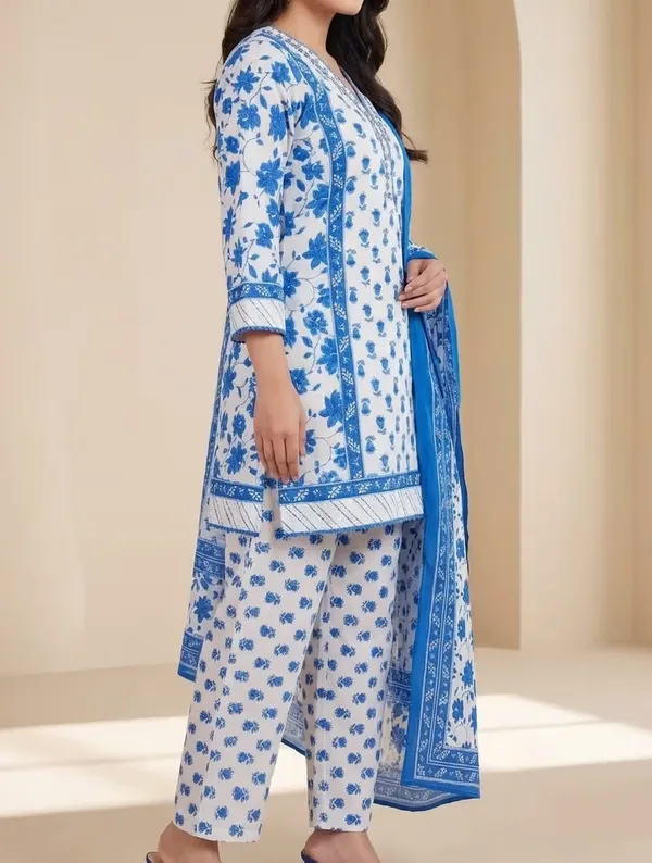 Blue_Floral_Printed_Pure_Cotton_Short_Kurta_Set_With_Dupatta