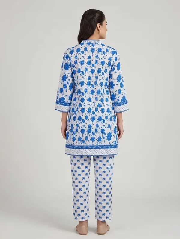 Blue_Floral_Printed_Pure_Cotton_Short_Kurta_Set_With_Dupatta