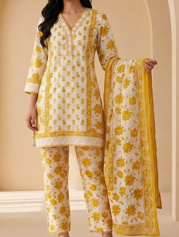 Mustard_Yellow_Floral_Printed_Pure_Cotton_Short_Kurta_Set