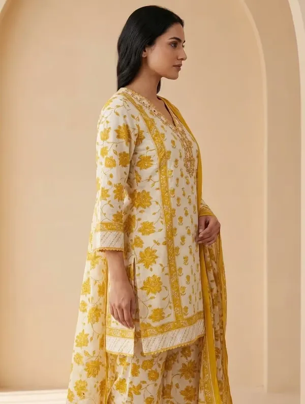 Mustard_Yellow_Floral_Printed_Pure_Cotton_Short_Kurta_Set