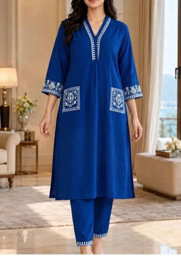 Royal_Blue_Embroidered_Pure_Cotton_Co-Ord_Set_For_Women