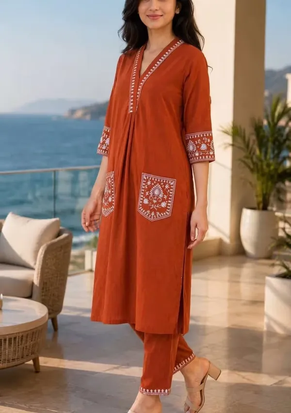 Vibrant_Orange_Embroidered_Pure_Cotton_Casual_Co-Ord_Set