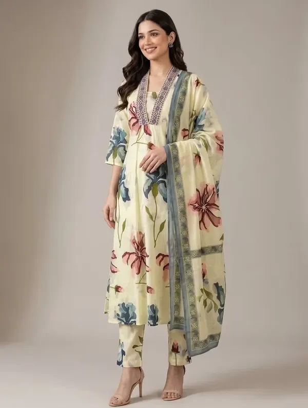 Light_Yellow_Floral_Printed_Pure_Cotton_Kurta_Set_With_Dupatta