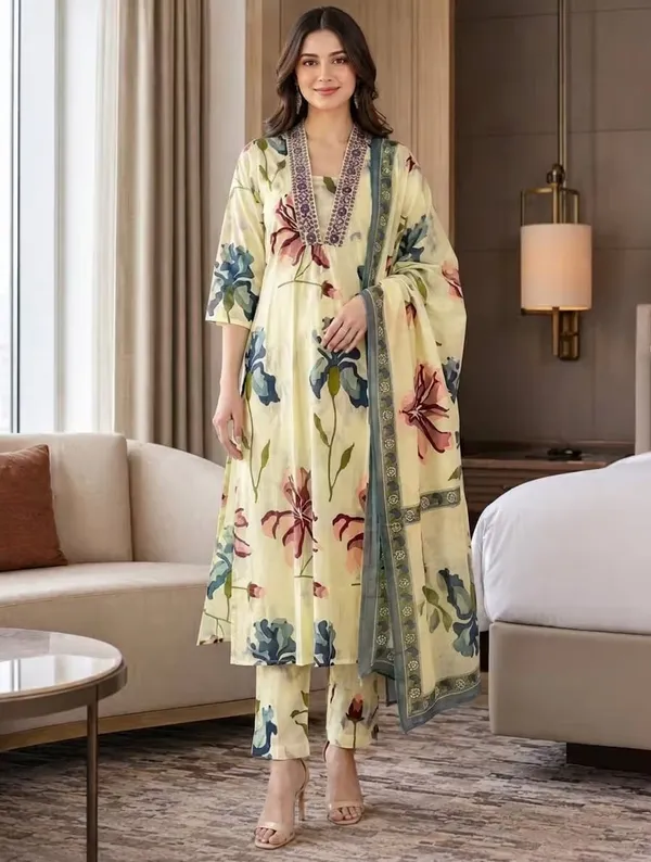 Light_Yellow_Floral_Printed_Pure_Cotton_Kurta_Set_With_Dupatta