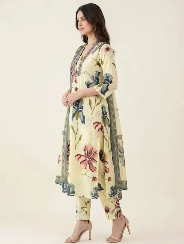 Light_Yellow_Floral_Printed_Pure_Cotton_Kurta_Set_With_Dupatta