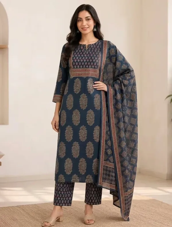 Navy_Blue_Printed_Pure_Cotton_Straight_Kurta_Set_With_Dupatta
