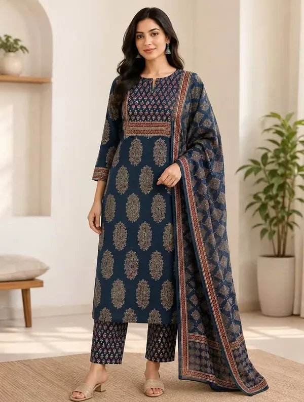 Navy_Blue_Printed_Pure_Cotton_Straight_Kurta_Set_With_Dupatta