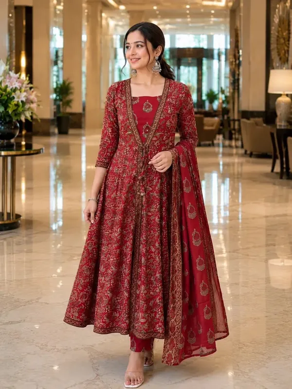 Red_Ethnic_Printed_Pure_Cotton_Flared_Anarkali_Kurta_Set
