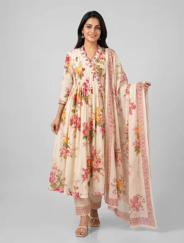 Off_White_Floral_Printed_Pure_Cotton_Angrakha_Kurta_Set
