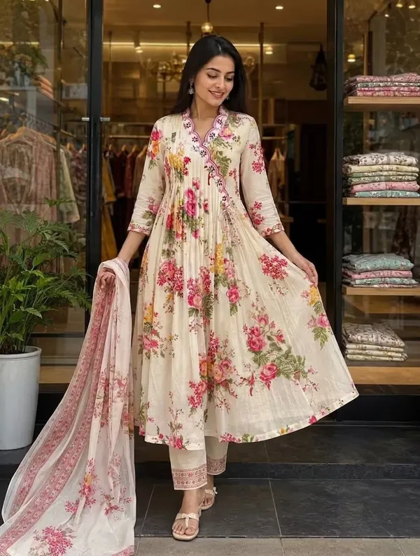 Off_White_Floral_Printed_Pure_Cotton_Angrakha_Kurta_Set