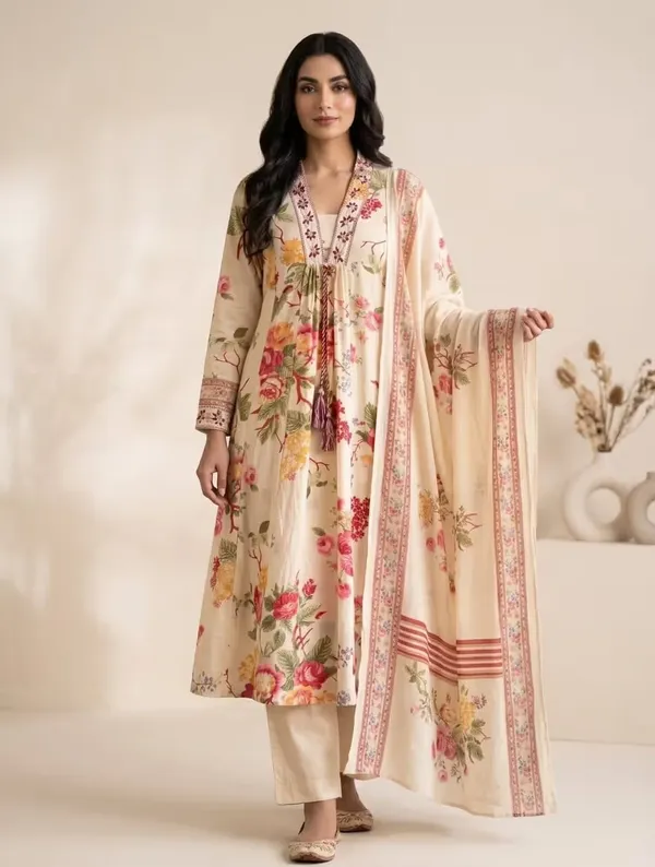 Off-White_Floral_Printed_Pure_Cotton_Angrekha_Kurta_Set