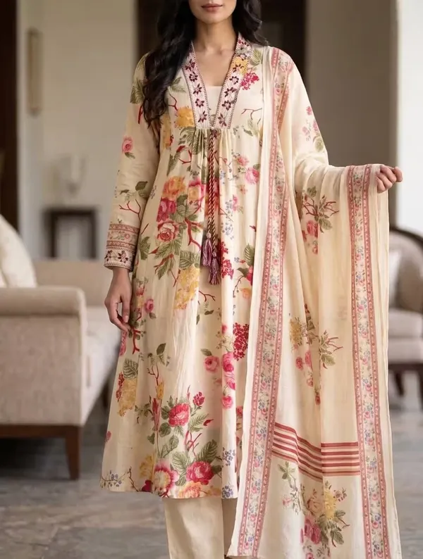 Off-White_Floral_Printed_Pure_Cotton_Angrekha_Kurta_Set