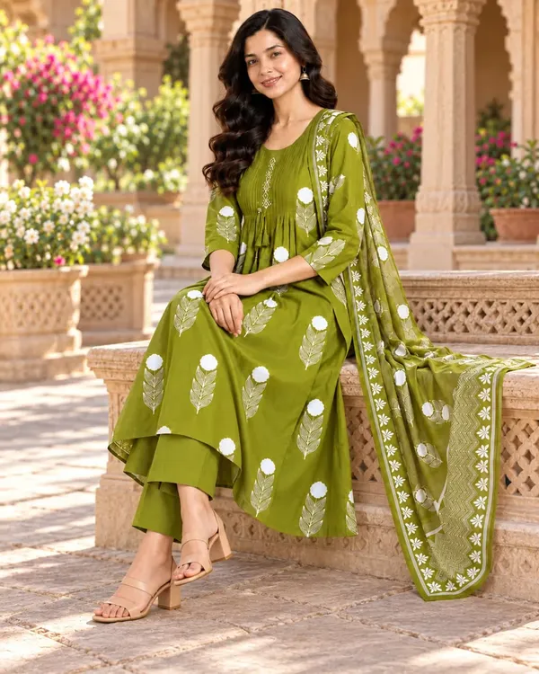 Olive_Green_Printed_Pure_Cotton_Anarkali_Kurta_Set_With_Dupatta