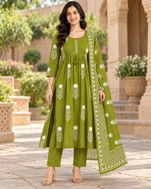 Olive_Green_Printed_Pure_Cotton_Anarkali_Kurta_Set_With_Dupatta