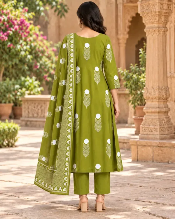 Olive_Green_Printed_Pure_Cotton_Anarkali_Kurta_Set_With_Dupatta