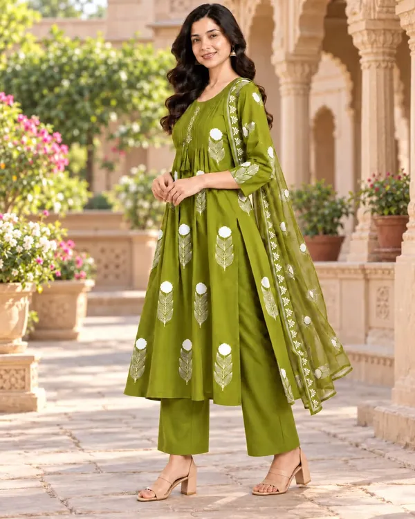 Olive_Green_Printed_Pure_Cotton_Anarkali_Kurta_Set_With_Dupatta