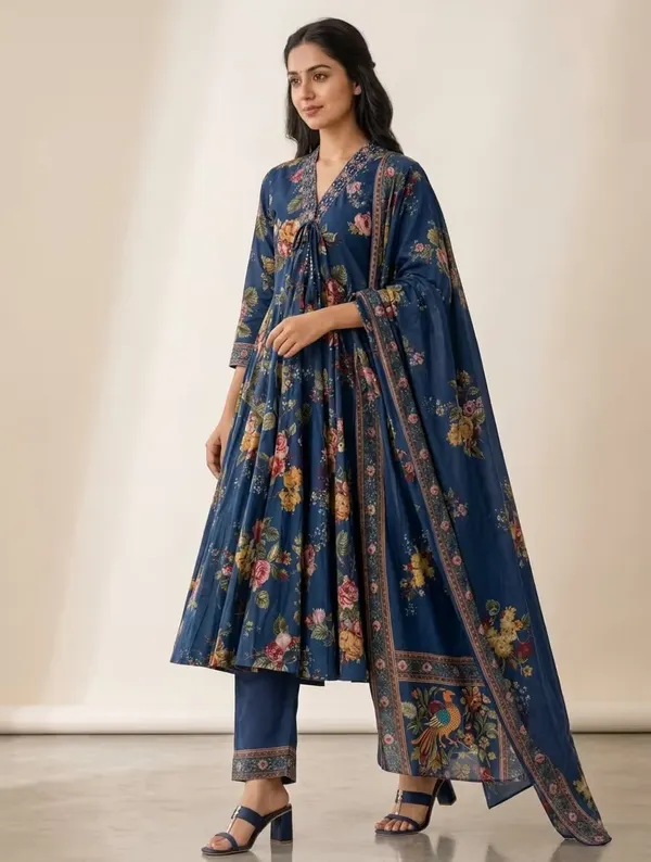 Navy_Blue_Floral_Printed_Pure_Cotton_Anarkali_Kurta_Set