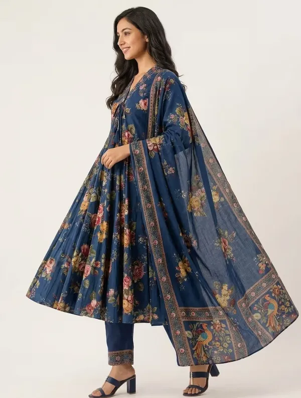 Navy_Blue_Floral_Printed_Pure_Cotton_Anarkali_Kurta_Set