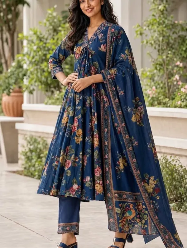 Navy_Blue_Floral_Printed_Pure_Cotton_Anarkali_Kurta_Set