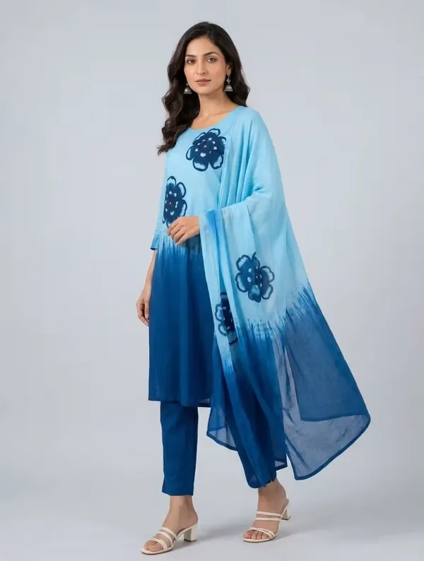 Sky_Blue_And_Indigo_Floral_Printed_Pure_Cotton_Kurta_Set