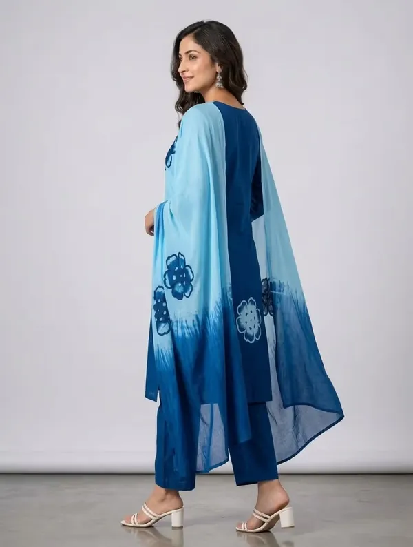 Sky_Blue_And_Indigo_Floral_Printed_Pure_Cotton_Kurta_Set