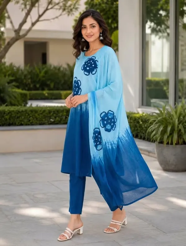 Sky_Blue_And_Indigo_Floral_Printed_Pure_Cotton_Kurta_Set