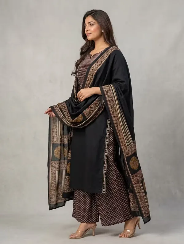 Classic_Black_Printed_Pure_Cotton_Kurta_Set_With_Dupatta