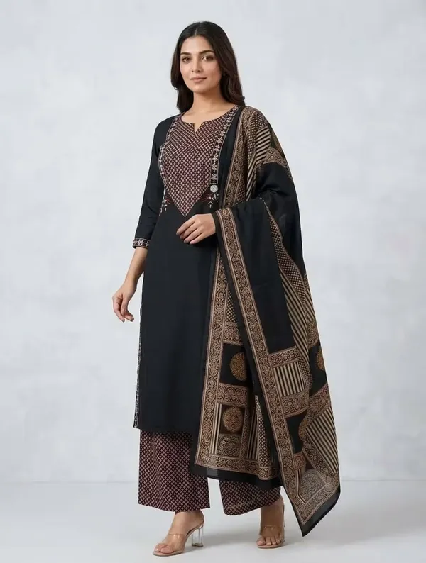 Classic_Black_Printed_Pure_Cotton_Kurta_Set_With_Dupatta