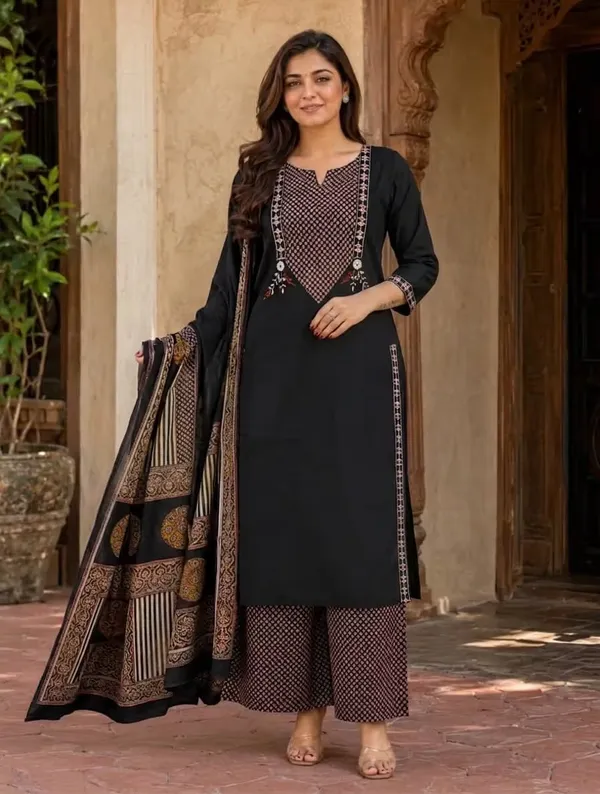 Classic_Black_Printed_Pure_Cotton_Kurta_Set_With_Dupatta