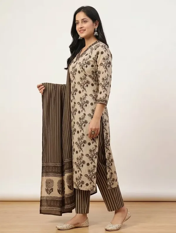 Beige_Brown_Floral_Printed_Pure_Cotton_Kurta_Set_With_Dupatta