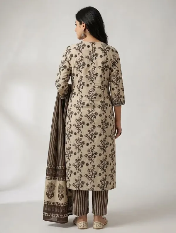 Beige_Brown_Floral_Printed_Pure_Cotton_Kurta_Set_With_Dupatta