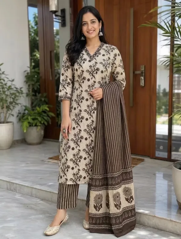 Beige_Brown_Floral_Printed_Pure_Cotton_Kurta_Set_With_Dupatta