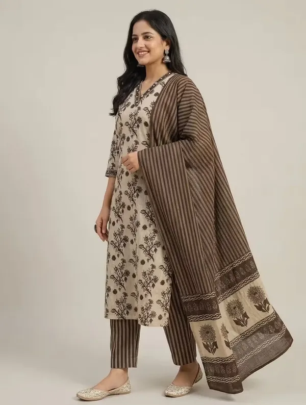 Beige_Brown_Floral_Printed_Pure_Cotton_Kurta_Set_With_Dupatta