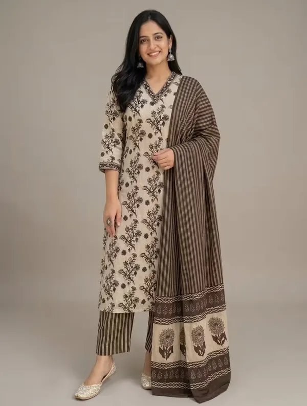 Beige_Brown_Floral_Printed_Pure_Cotton_Kurta_Set_With_Dupatta