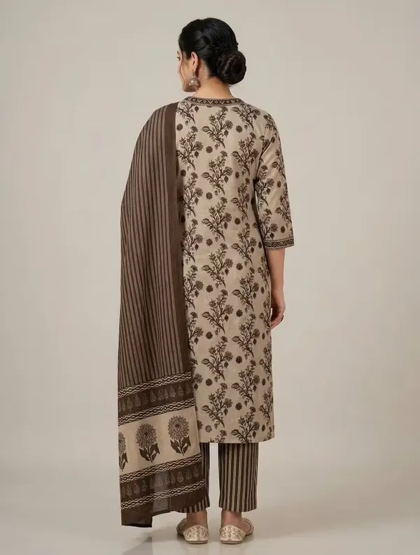 Beige_Brown_Floral_Printed_Pure_Cotton_Kurta_Set_With_Dupatta