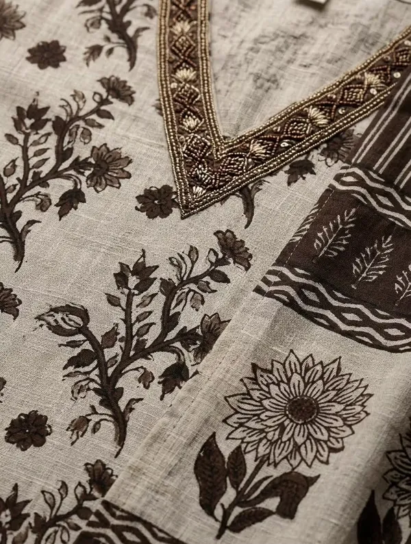 Beige_Brown_Floral_Printed_Pure_Cotton_Kurta_Set_With_Dupatta