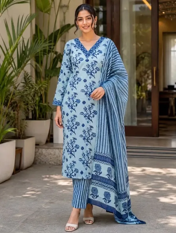 Sky_Blue_Floral_Printed_Pure_Cotton_Straight_Kurta_Set