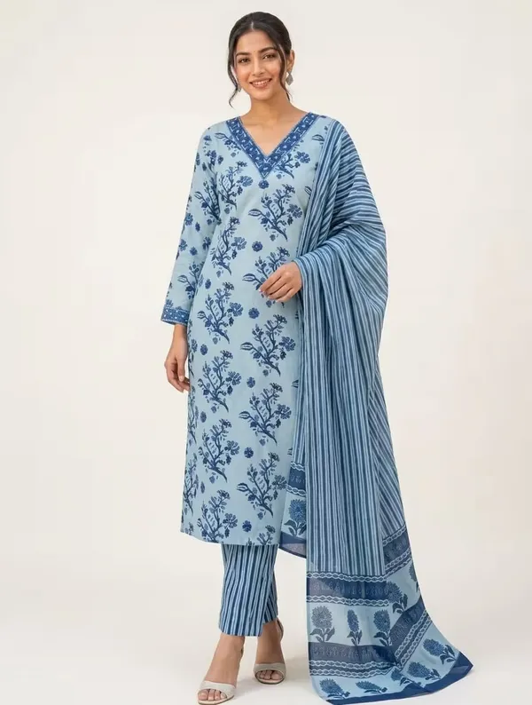 Sky_Blue_Floral_Printed_Pure_Cotton_Straight_Kurta_Set